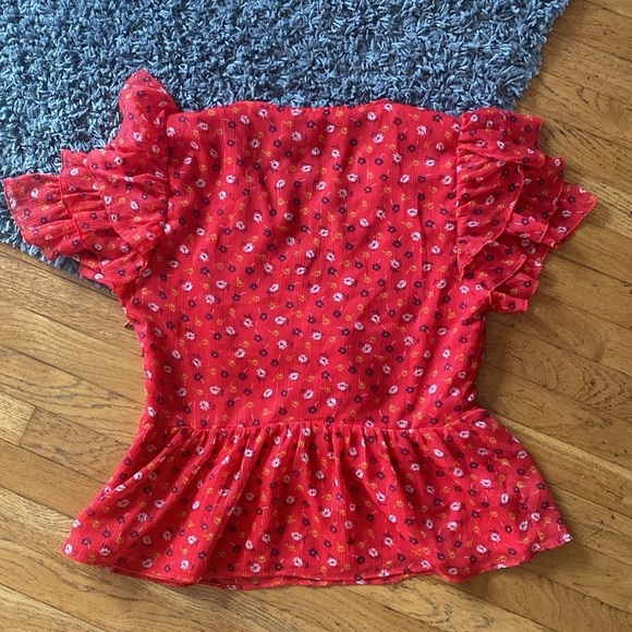 Madewell Red Tiered-Sleeve Peplum Top in Metallic Prairie Posies - Picture 11 of 17